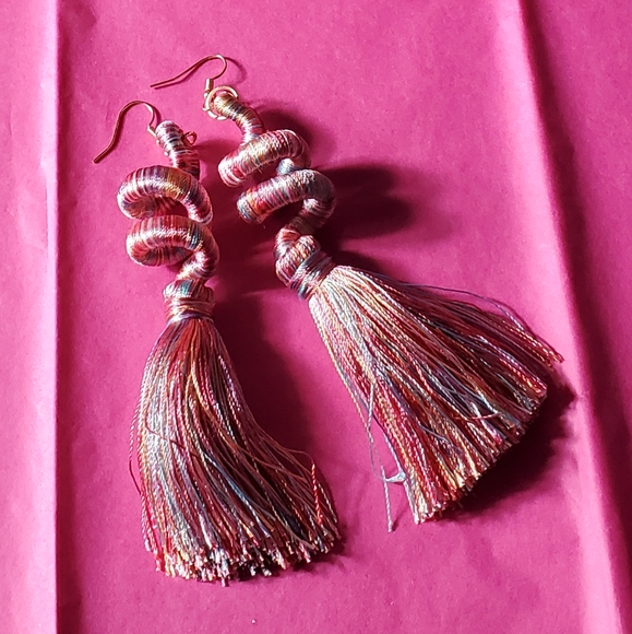 Pink - Twist & Fringe Multicolor Thread Earrings - Picture 2 of 3